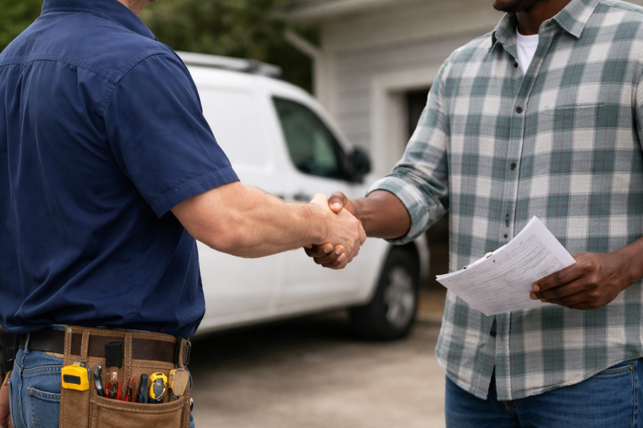 Professional service workers collaborating on a home improvement project